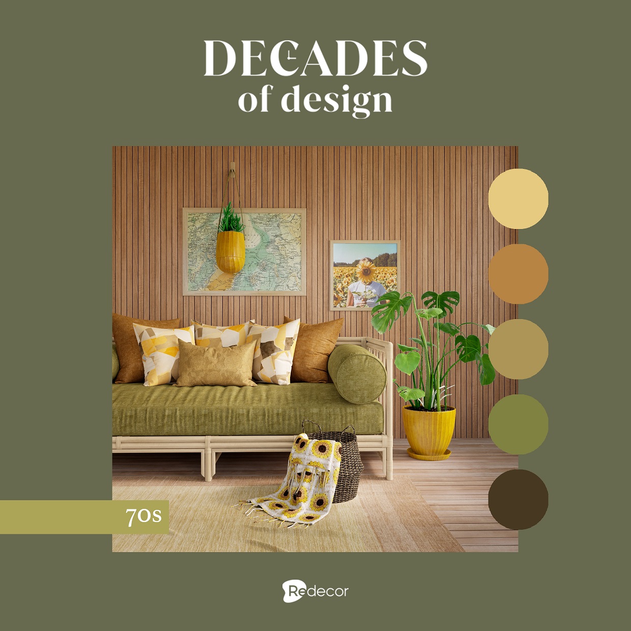 a 70s inspired living room with the color palette at the side. earthy tones.
