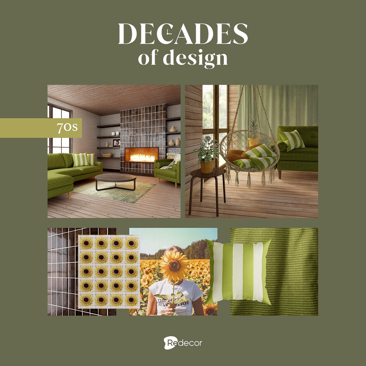 two room designs inspired by 70s interior design trends with season pass materials