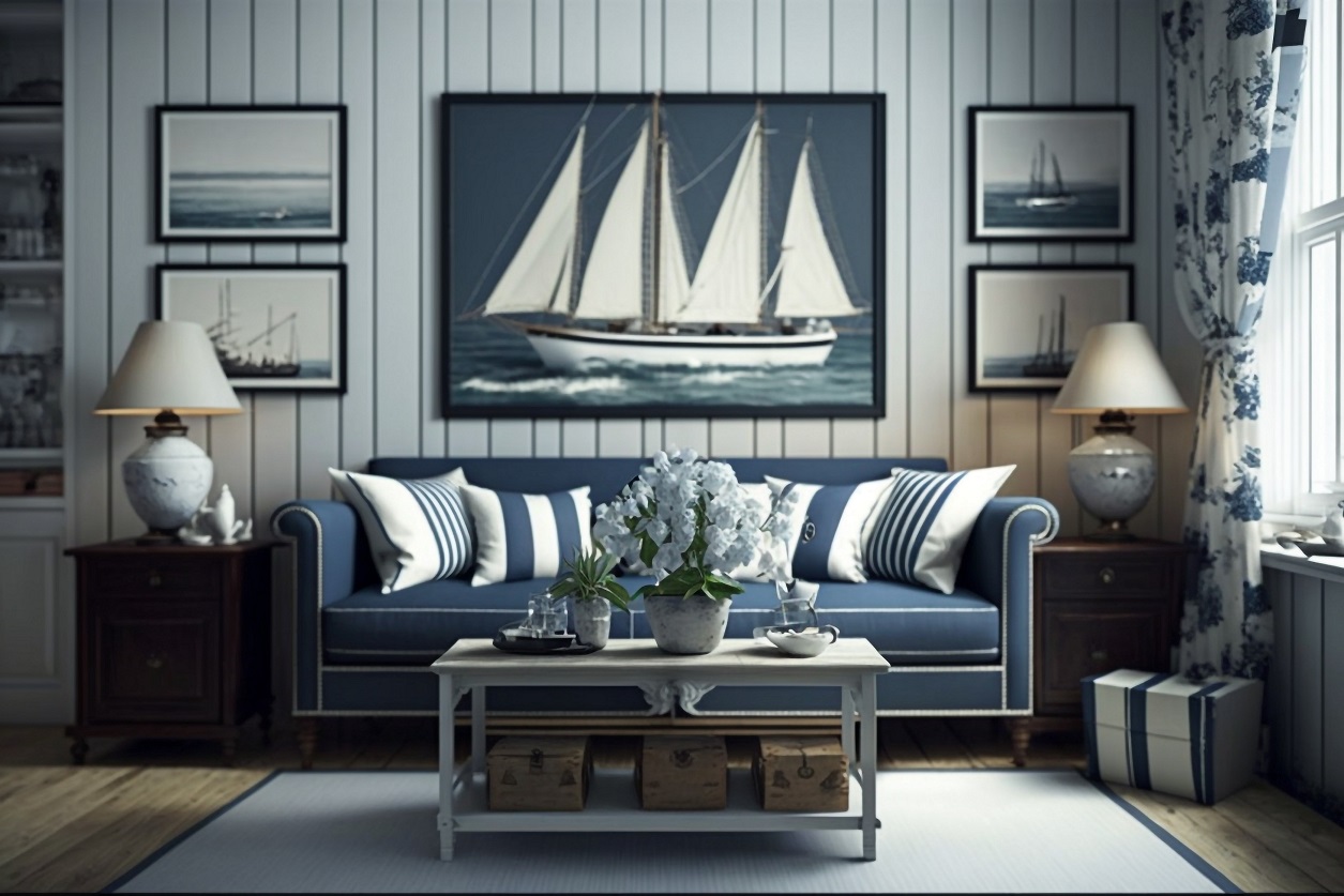 AI generated picture of a nautical themed living room