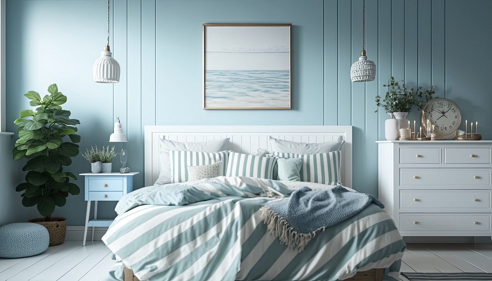 a blue colored bedroom in the nautical design style