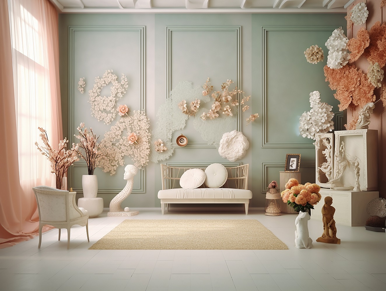 romantic room, mock up, with flowers and mint walls