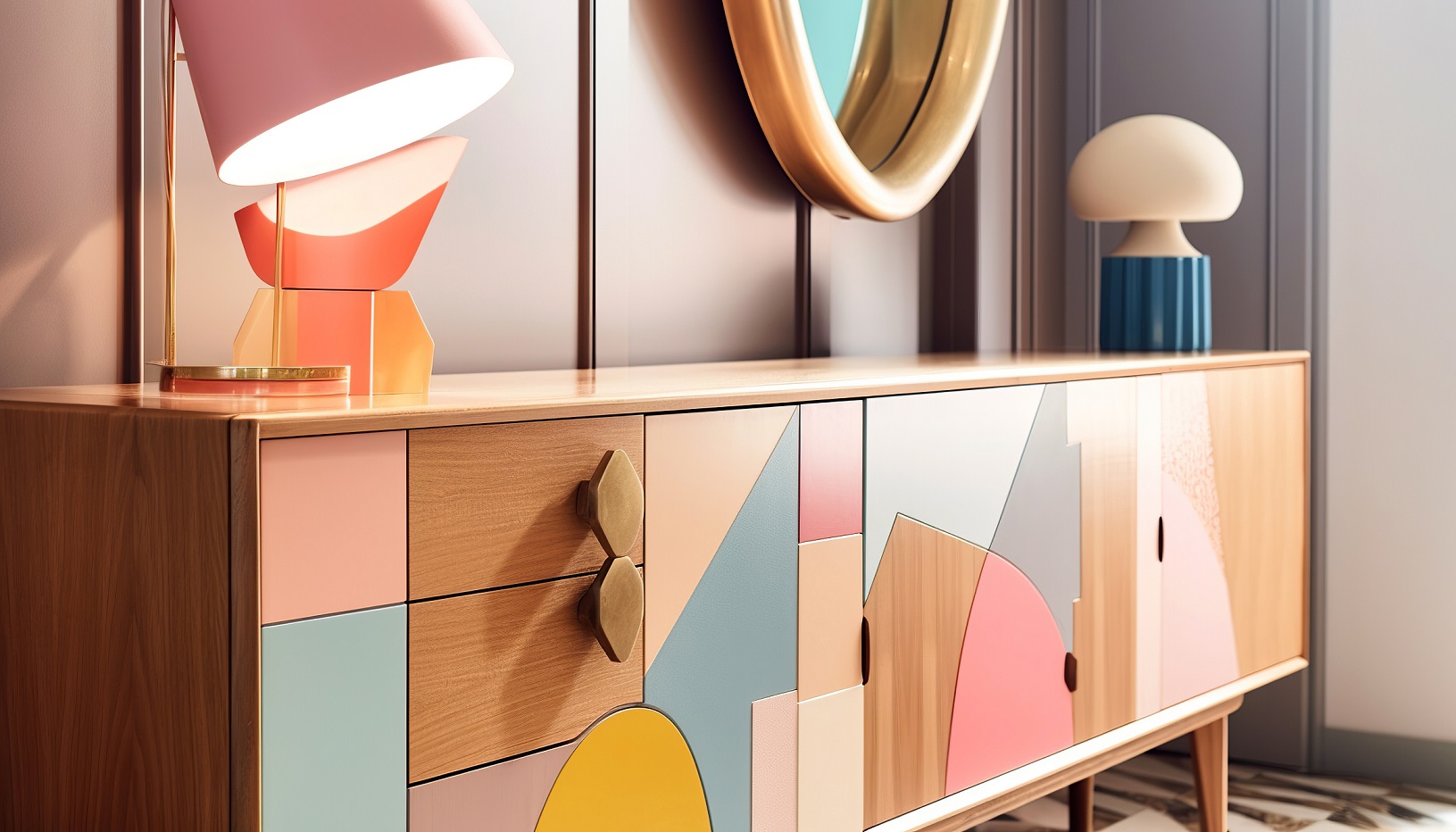 Colorful chest of drawers in modern living room. Created with generative AI technology.