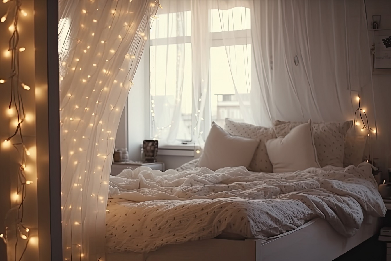A bed with a white comforter covered in lights. Generative AI