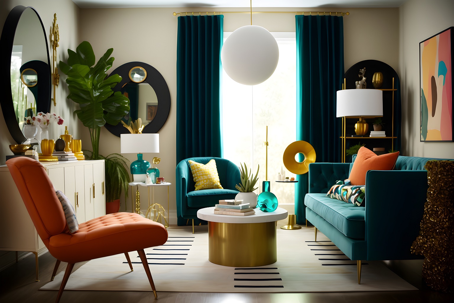 an example of a colorful livingroom created by AI inspired by the 1950s