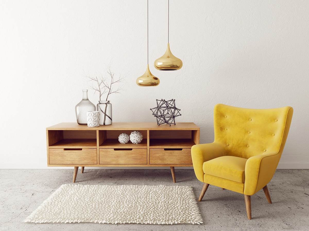 modern living room with yellow armchair. scandinavian interior design furniture. 3d render illustration
