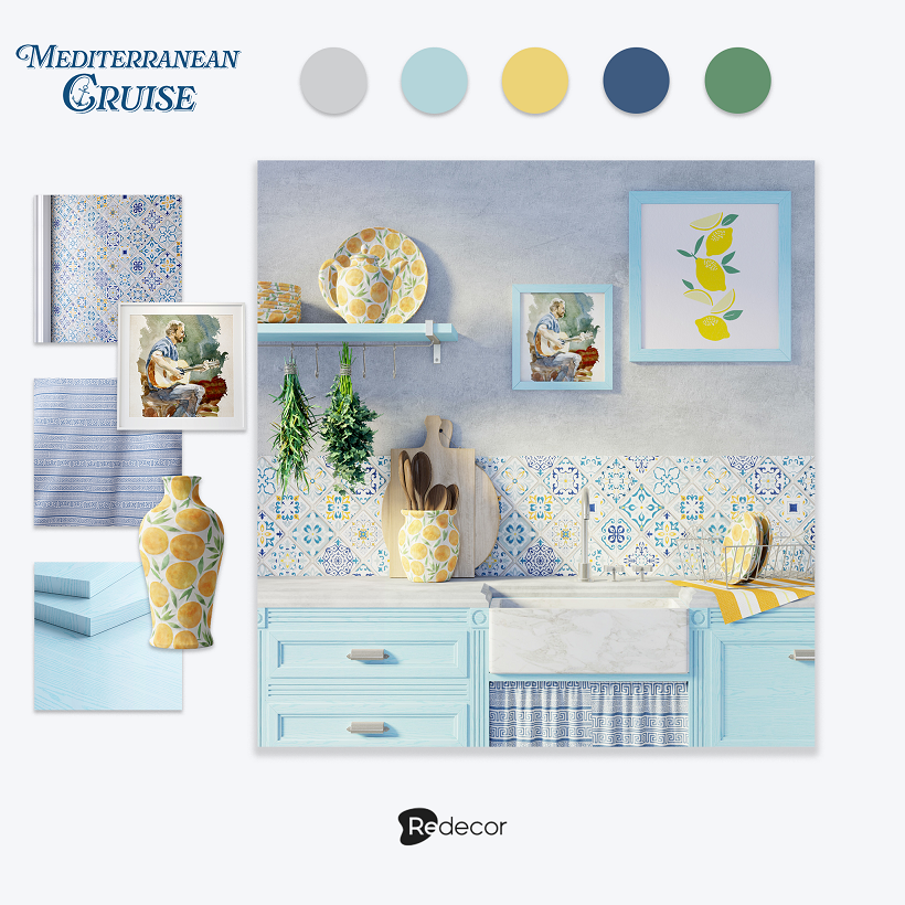 a design of a greek kitchen with yellow and blue tones