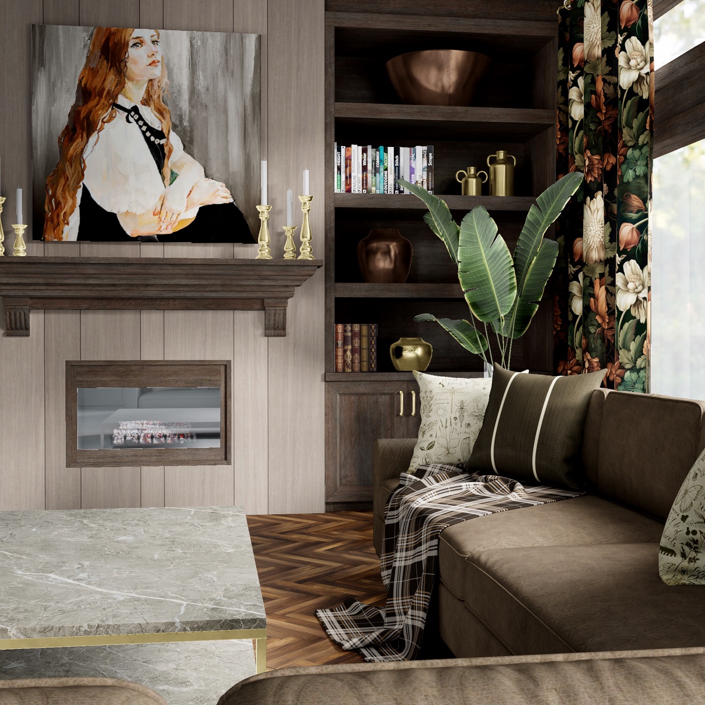mock up of a living room in the modern dark academia aesthetic