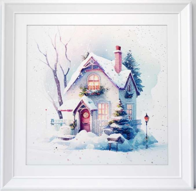 a framed picture of a snowy house