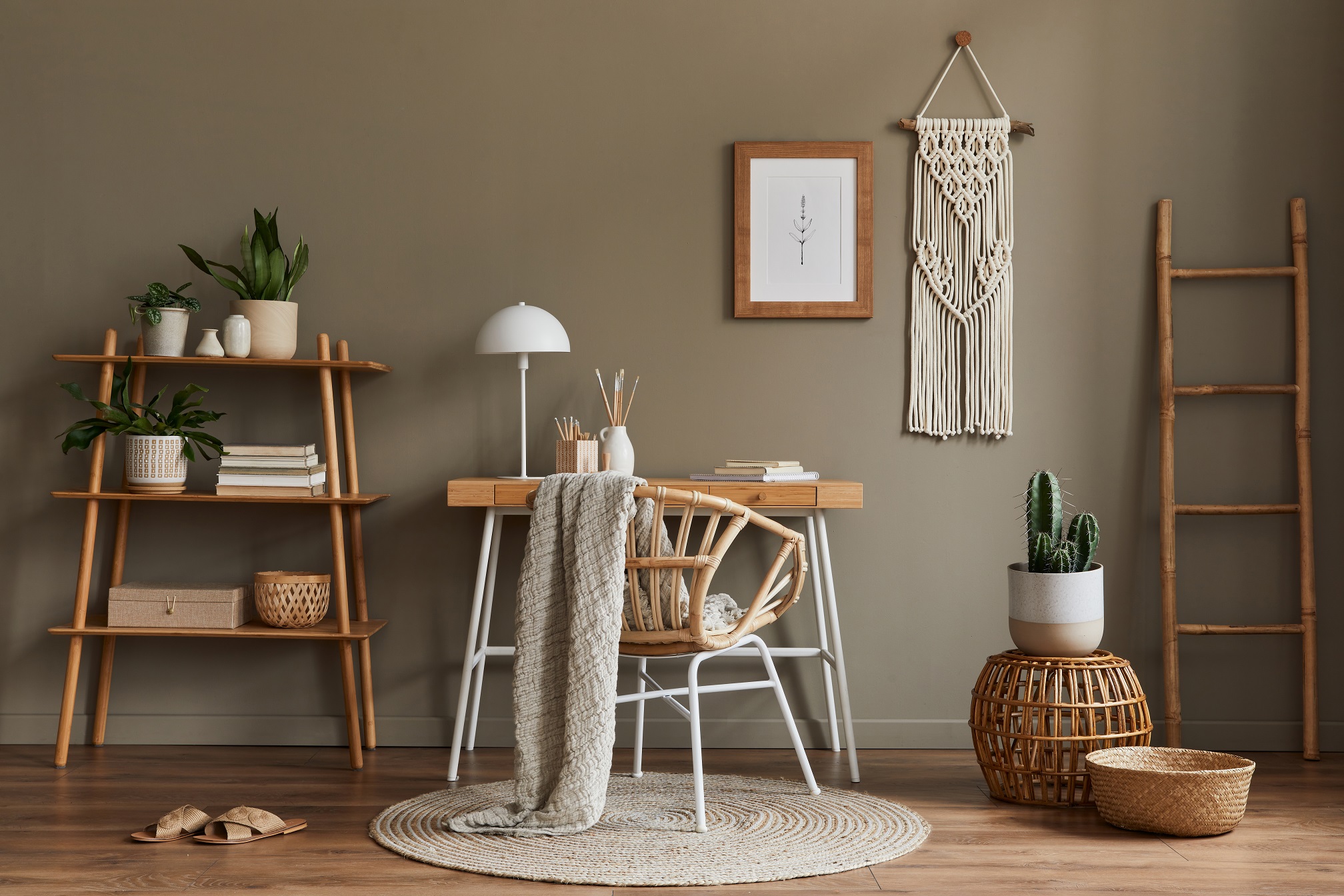 picture of a boho room in a house with bamboo accents