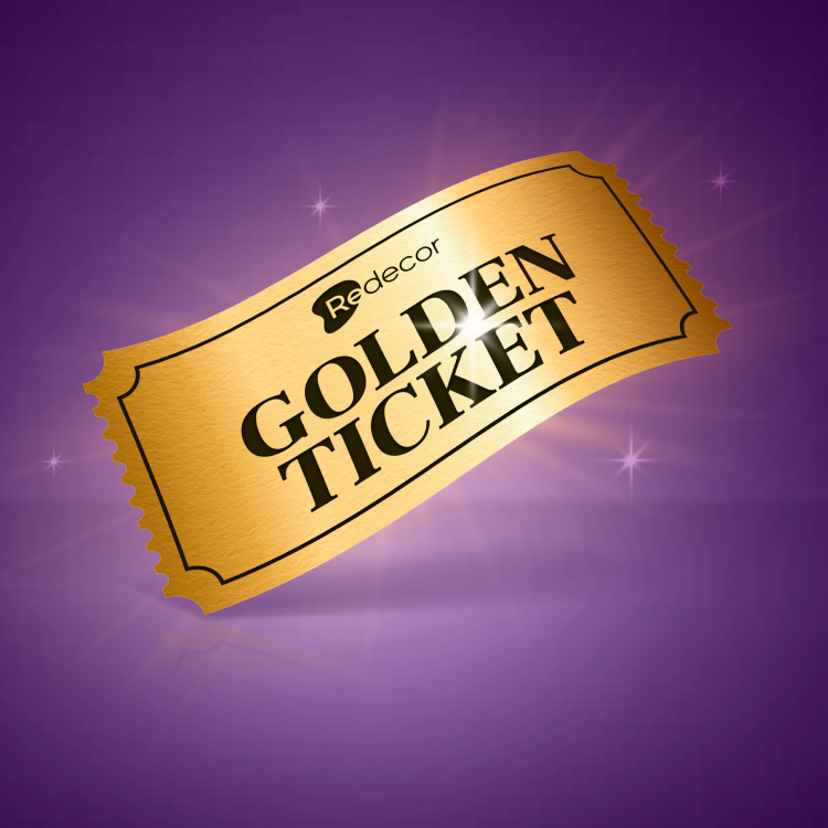 a golden ticket that has the Redecor logo on it with a purple background