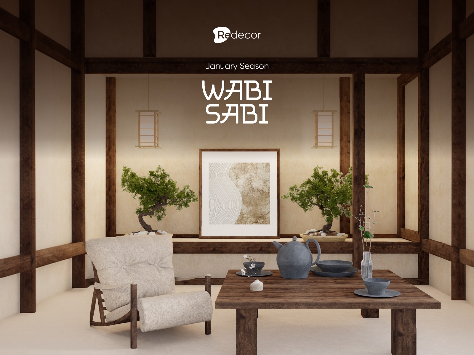 a living room designed in the japanese style with the letters wabi sabi on it