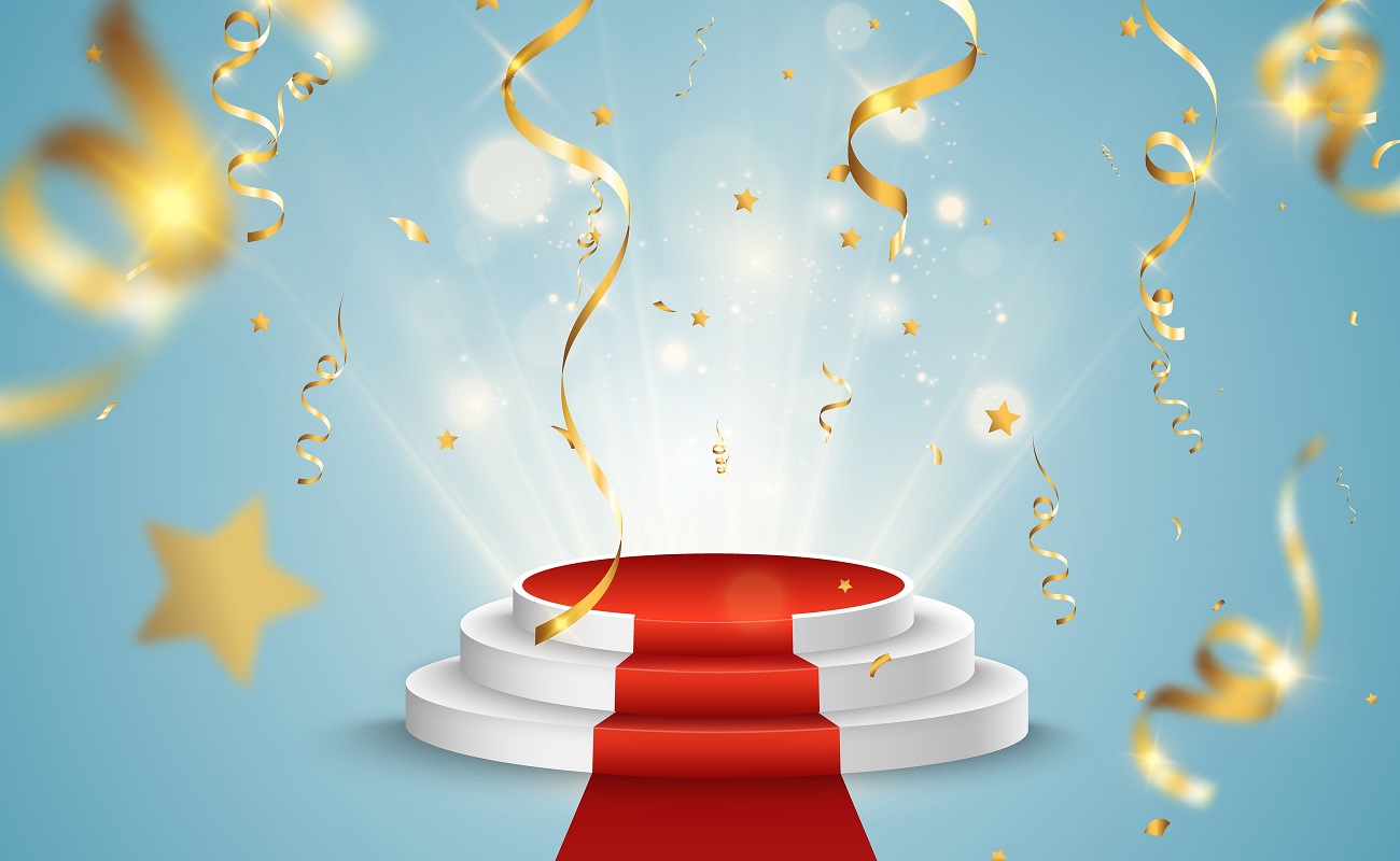 illustration of an empty podium with a red carpet and golden strings around