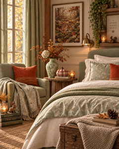 cozy bedroom with deer artwork