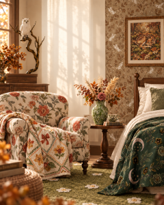 floral chair in whimsical woodland bedroom