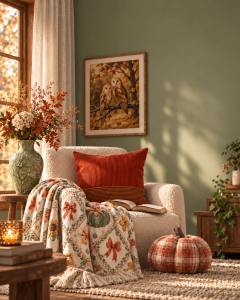 armchair with patterened throw